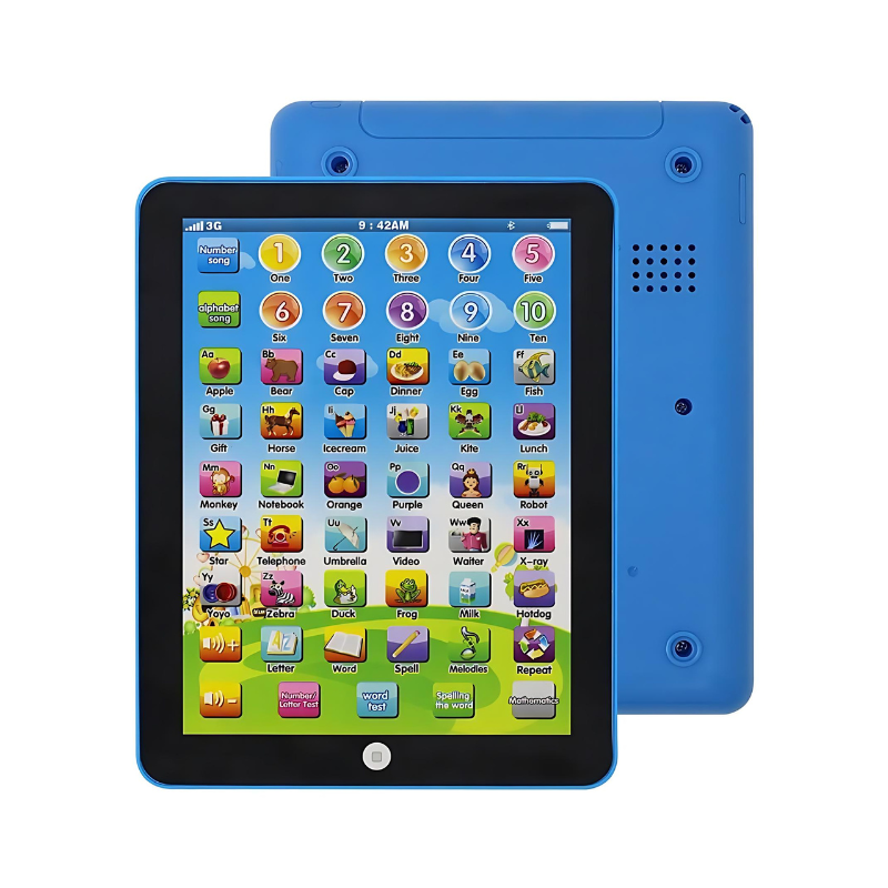 Blue interactive learning tablet for ages 3-6, an educational toy for toddler & preschool early development.
