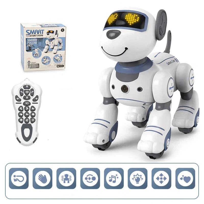 Blue interactive robot dog toy for kids, responds to voice commands and performs stunts.