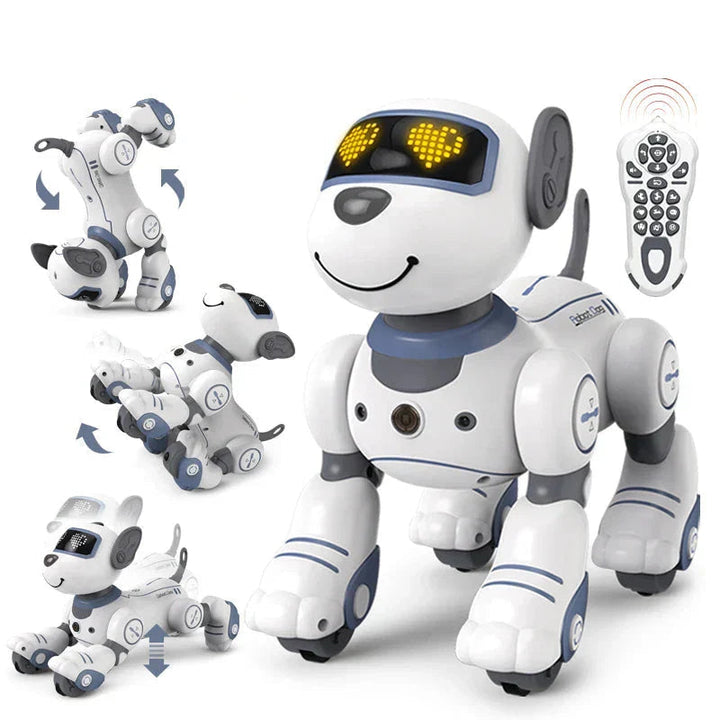 Pink electronic pet robot dog, programmable for learning & interactive play with voice control.