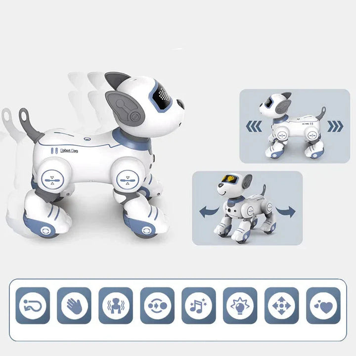 Smart robot toy dog with voice commands, interactive electronic pet for kids, available in pink.