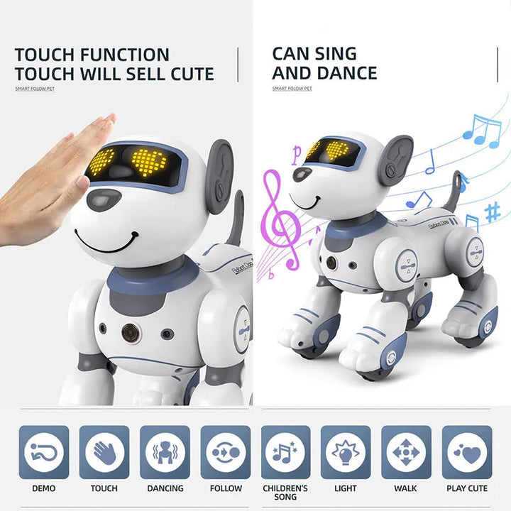 Programmable robot dog toy, a learning pet for kids, performs stunts & responds to voice, blue option.