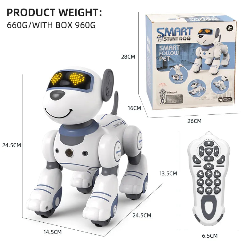 Fun interactive robot dog toy for kids, electronic pet with voice commands, performs stunts, pink.