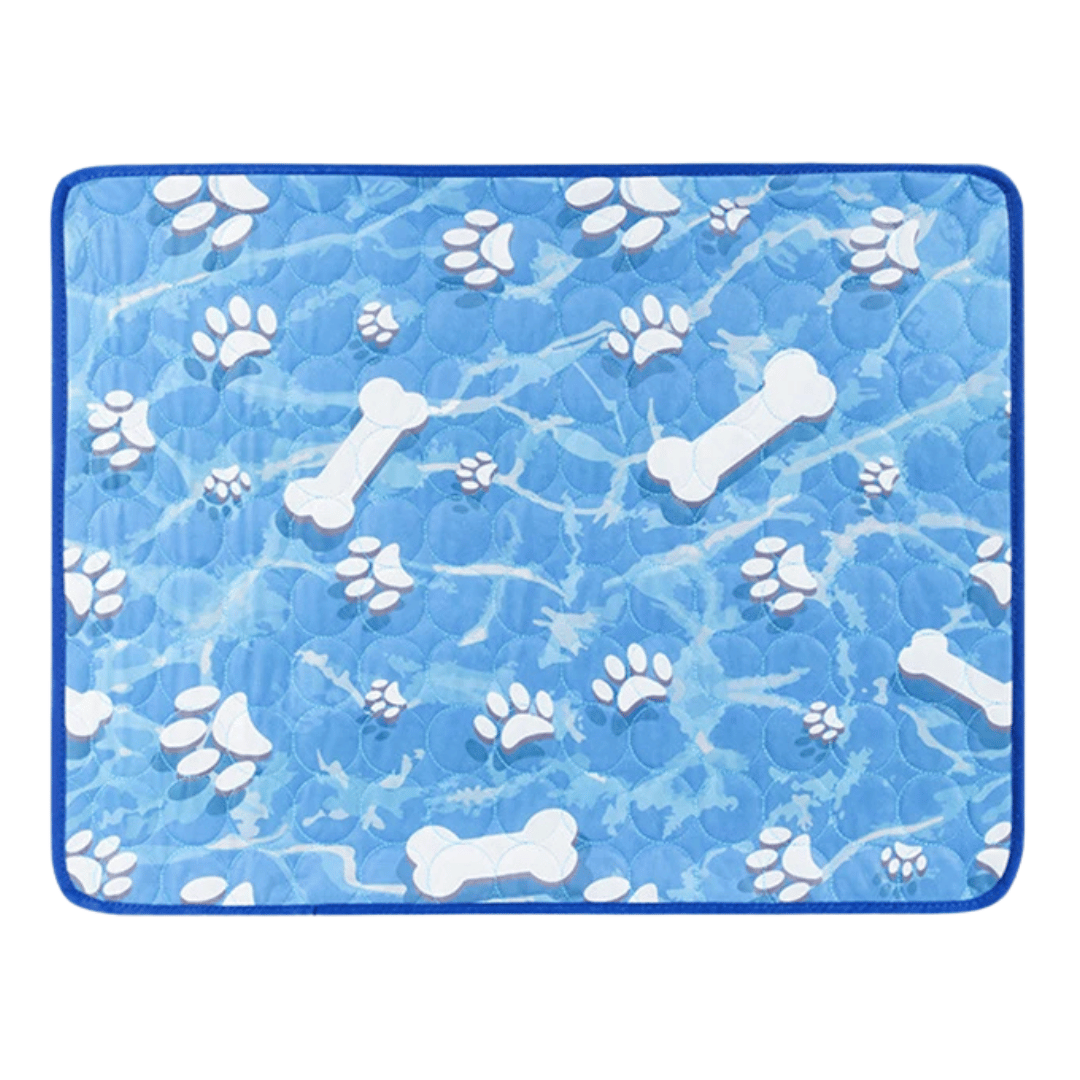 Grey self-cooling pet mat for a cat, ensuring instant heat relief & summer comfort. Washable design.
