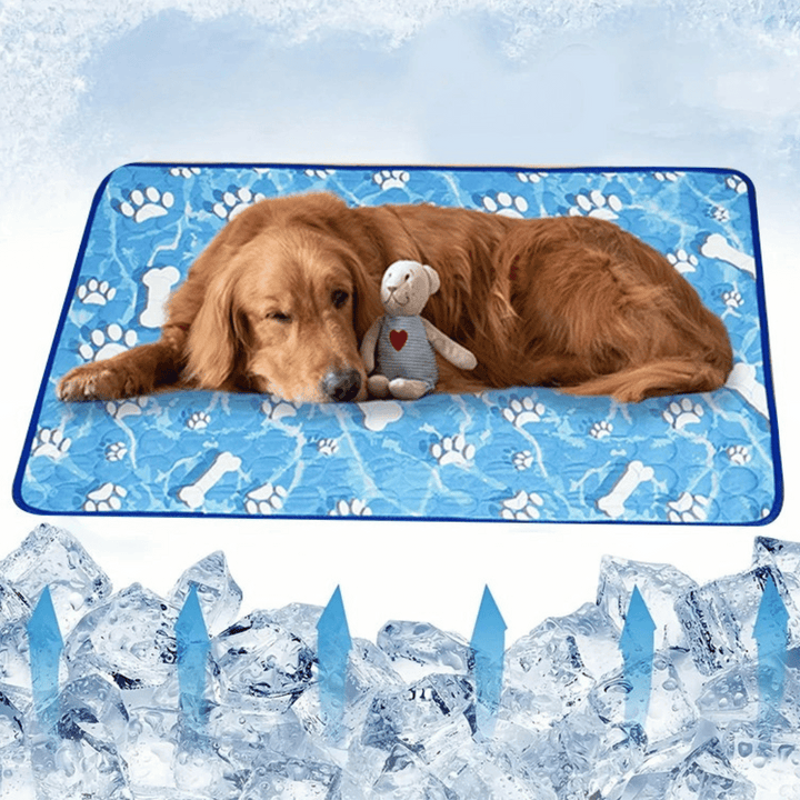 Large blue pet cooling mat, offering self-cooling comfort & instant heat relief for dogs & cats.