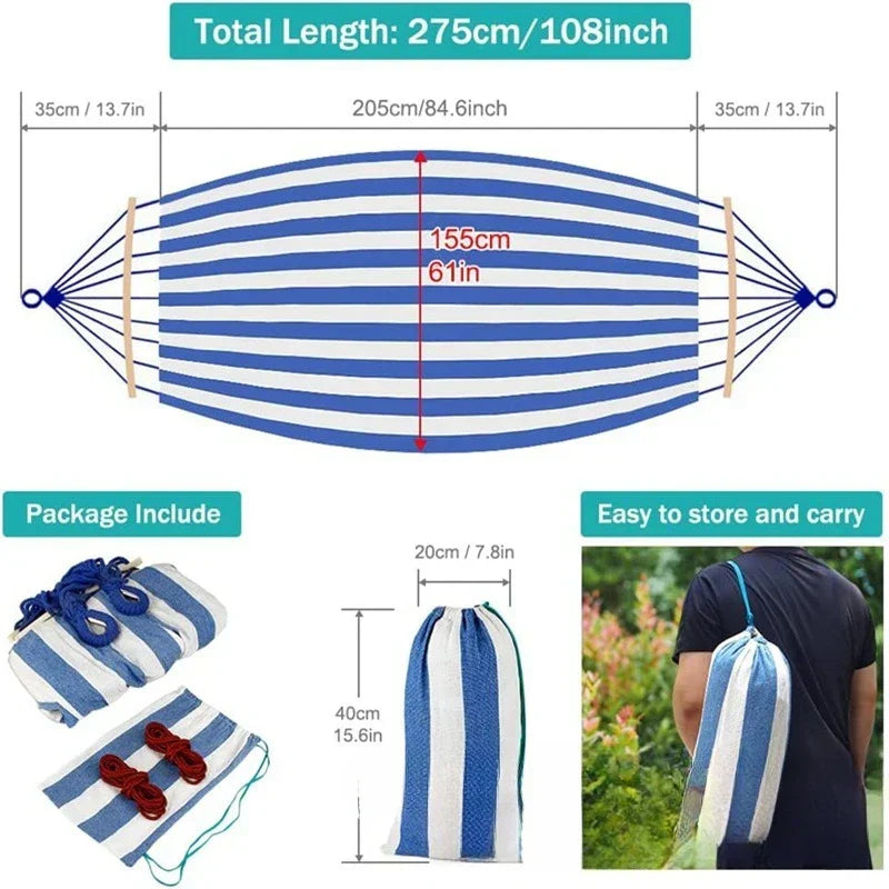 Spacious double canvas hammock with wooden spreader bars for ultimate relaxation in your garden, patio, or beach.