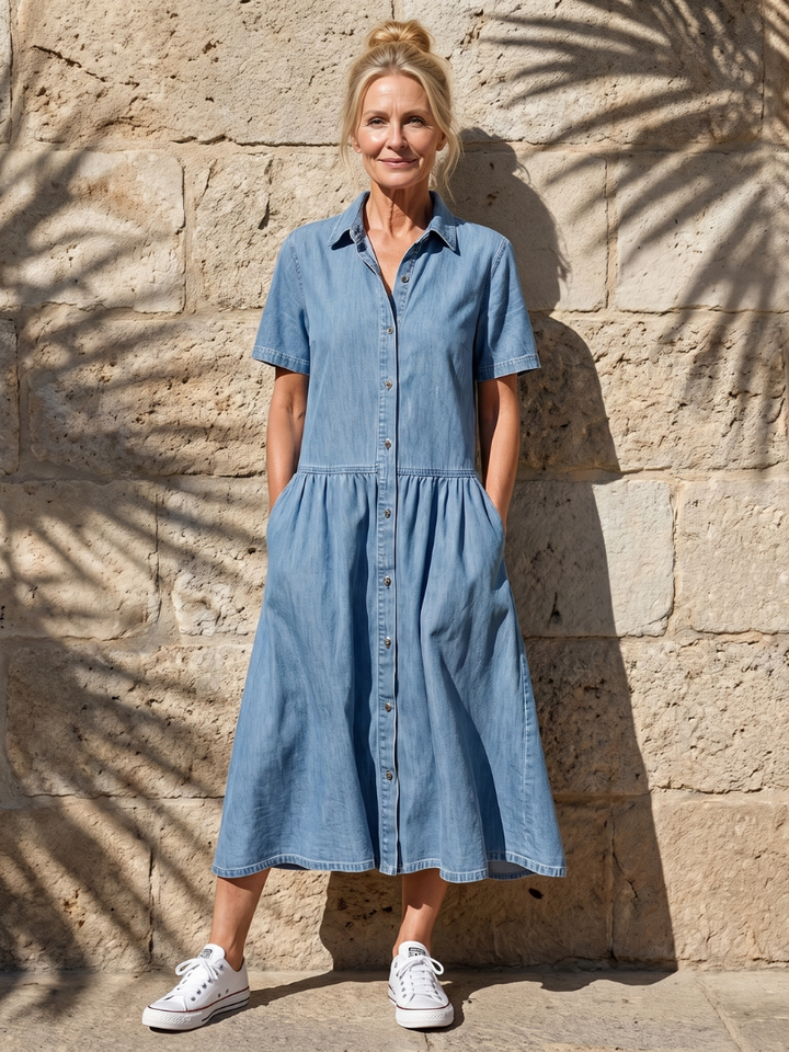 Blue women's gathered waist button-front midi dress. Features short sleeves, collar & flowy skirt, perfect for summer.