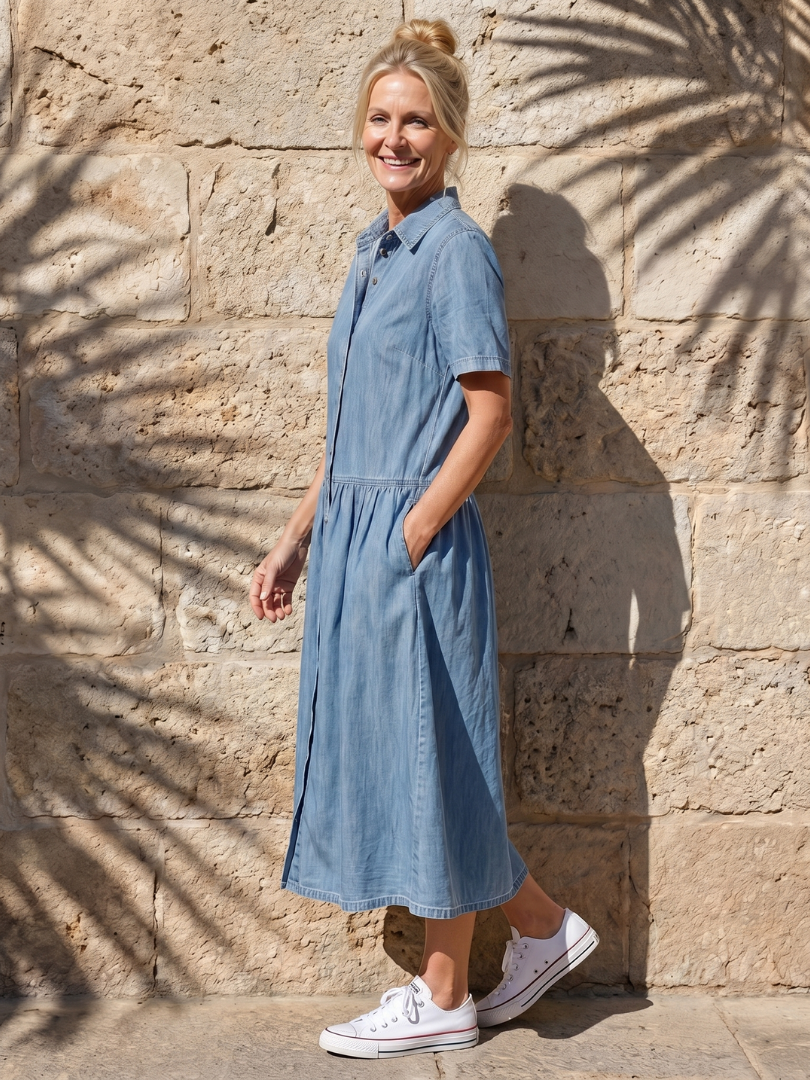 Women's casual blue midi dress with gathered waist & button-front. Short sleeve design, ideal for everyday wear.