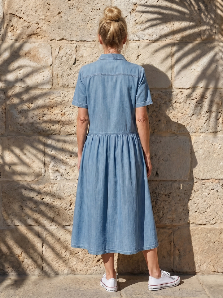 Comfortable blue short sleeve midi dress for women. Features a flattering gathered waist, button-front closure.