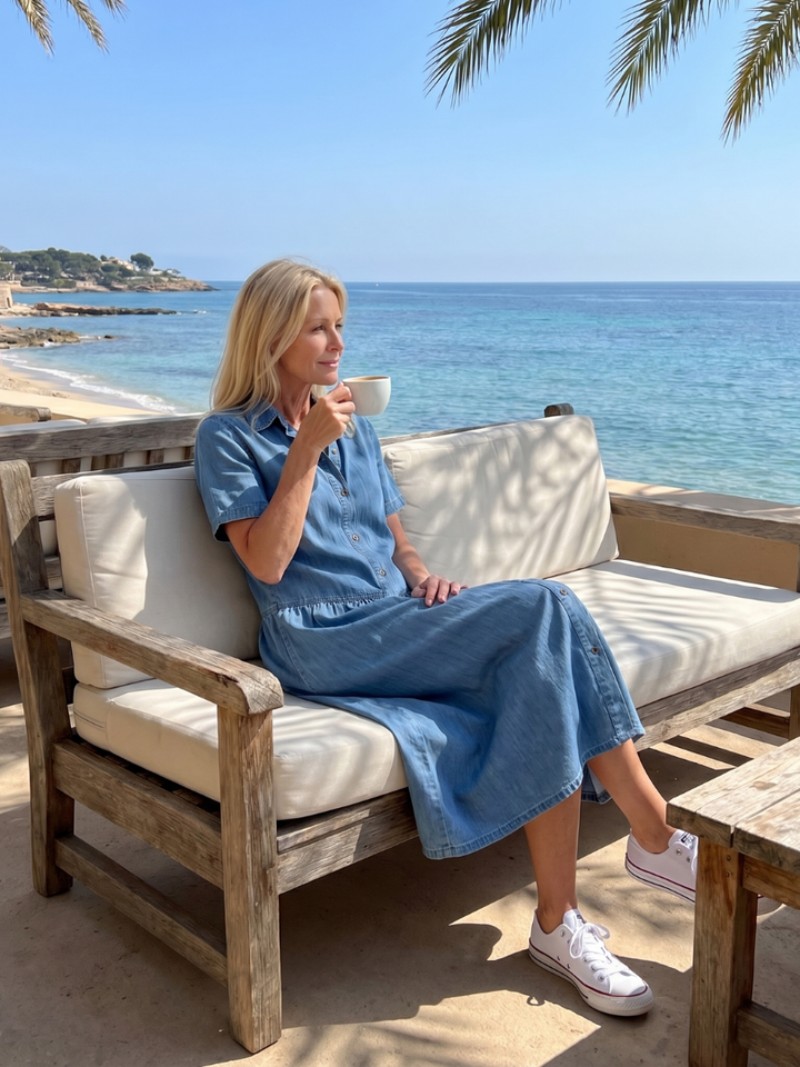 Elegant women's blue summer midi dress with a gathered waist, functional button-front, short sleeves & a smart collar.