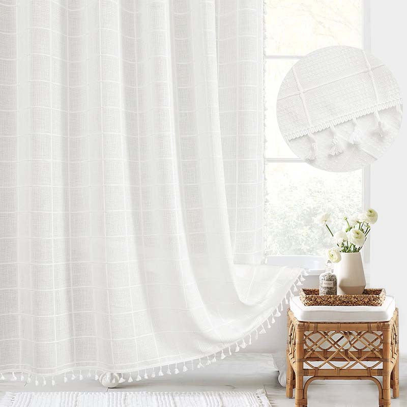 Bohemian Farmhouse waterproof linen shower curtain for stylish bathroom decor.