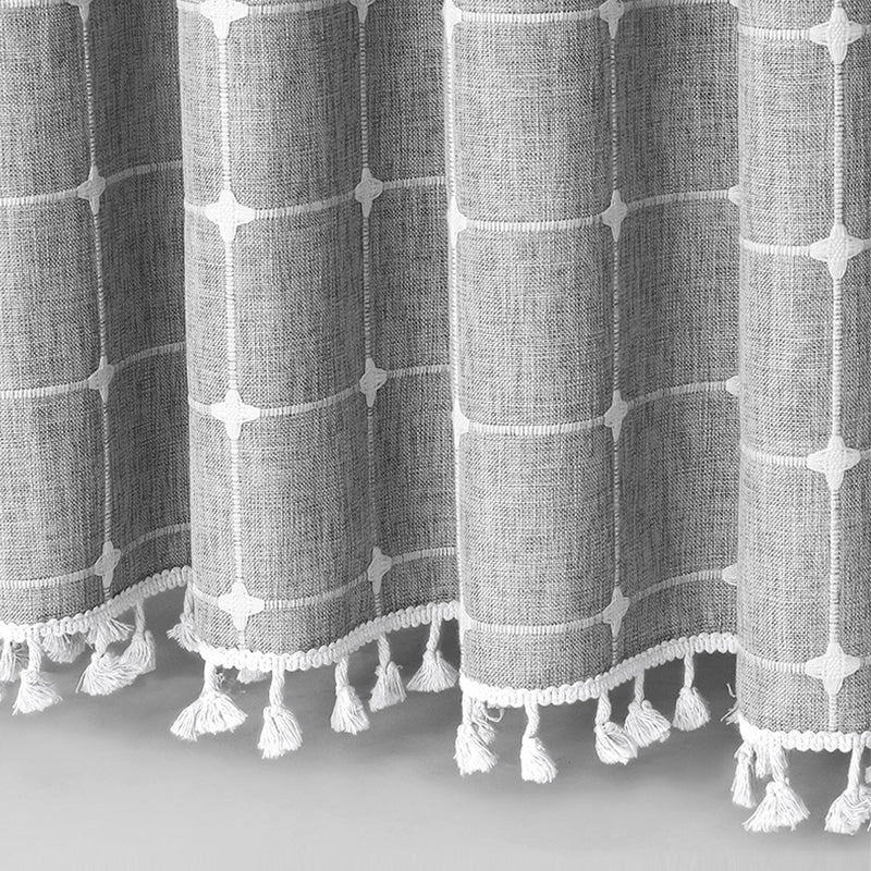 Rustic bohemian waterproof linen shower curtain, perfect for farmhouse bathroom decor.