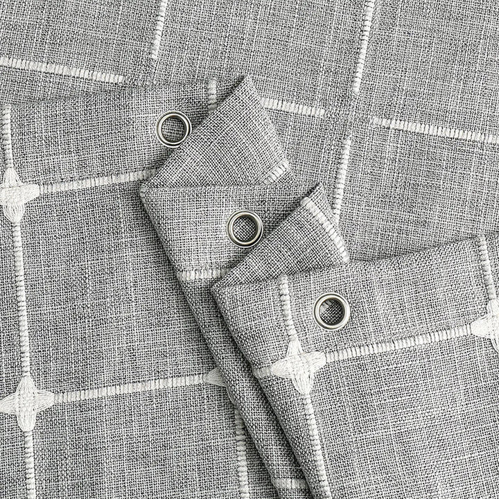 Easy care waterproof linen shower curtain, farmhouse style with bohemian stripe details.