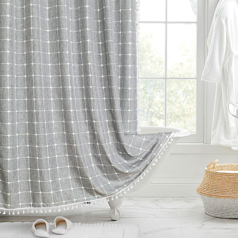 Striped waterproof linen shower curtain, a blend of bohemian and farmhouse styles.