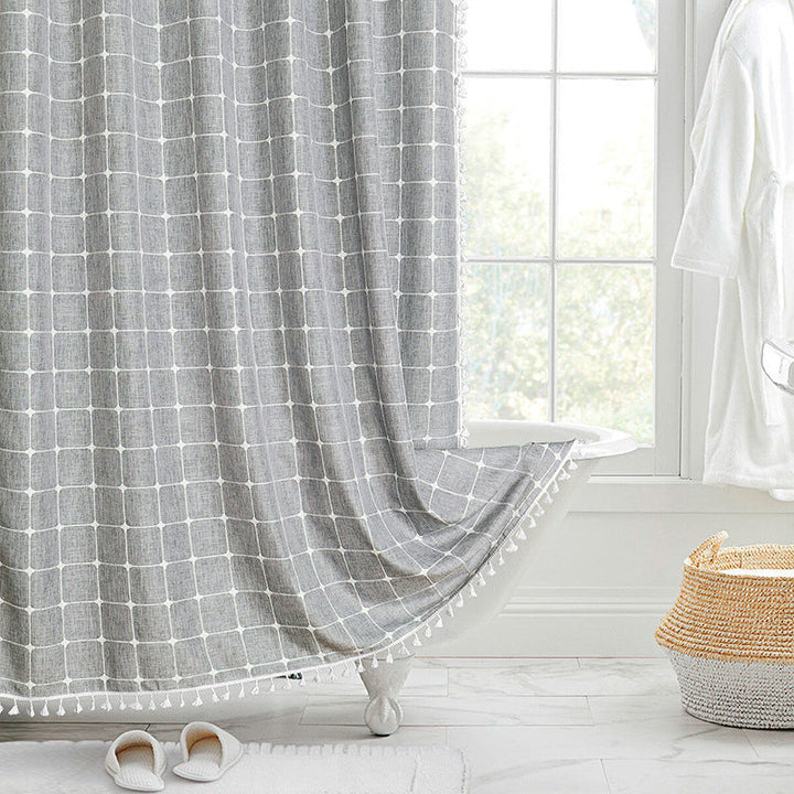 Striped waterproof linen shower curtain, a blend of bohemian and farmhouse styles.