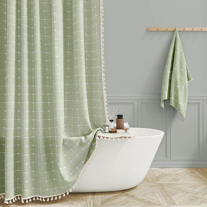 Stylish farmhouse shower curtain, waterproof linen, perfect for modern bohemian bathrooms.