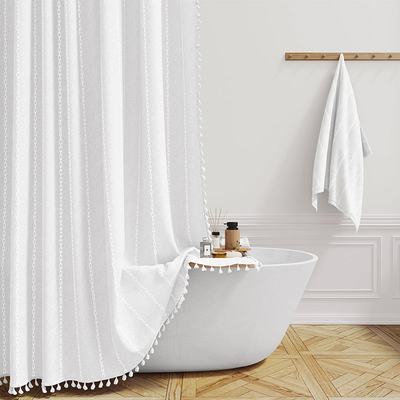 Easy care linen shower curtain, waterproof, featuring bohemian stripes for bathroom decor.