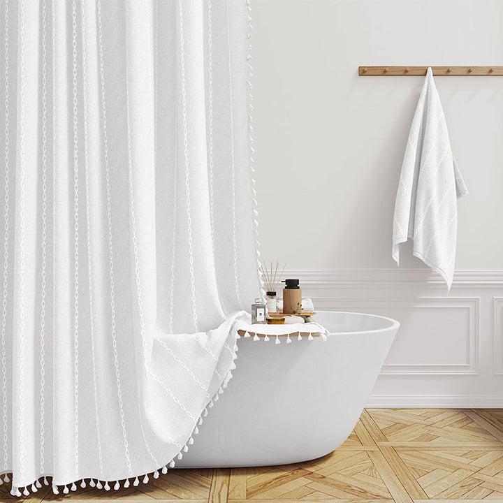 Easy care linen shower curtain, waterproof, featuring bohemian stripes for bathroom decor.