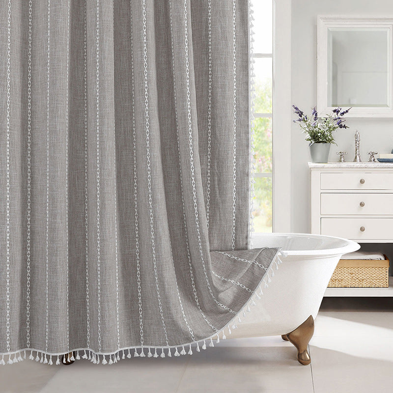 Bohemian plaid waterproof shower curtain, linen fabric, adds rustic farmhouse charm.
