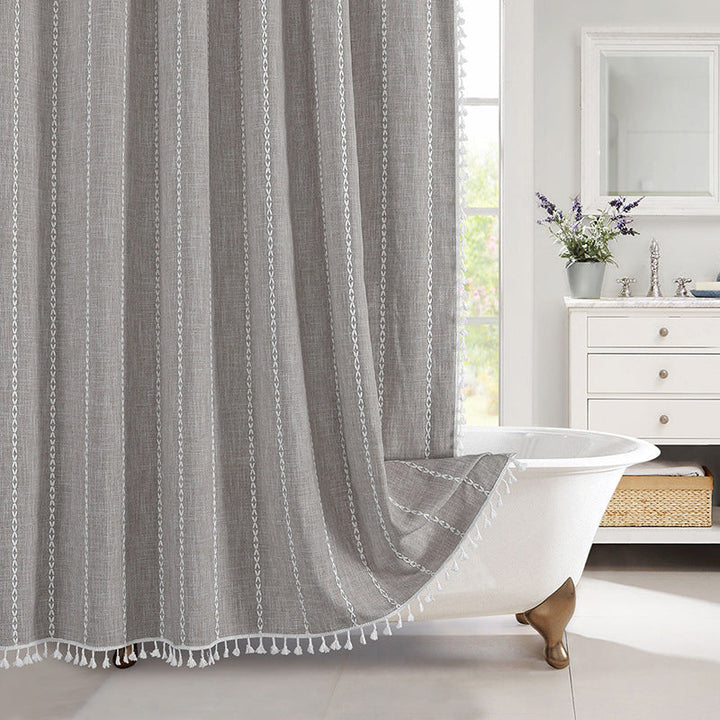 Bohemian plaid waterproof shower curtain, linen fabric, adds rustic farmhouse charm.