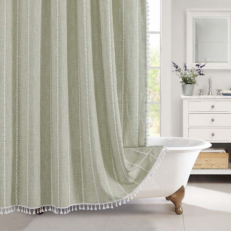 Durable waterproof linen shower curtain, bohemian stripes, ideal for farmhouse bathrooms.