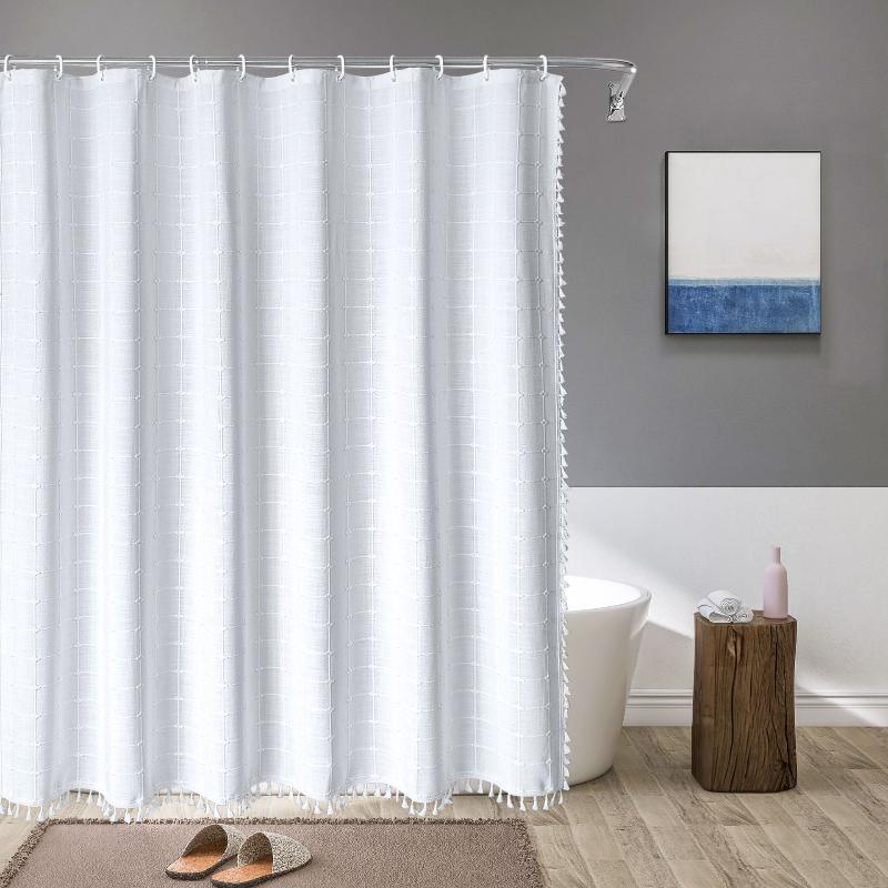 Home decor: waterproof linen shower curtain, bohemian farmhouse plaid pattern, easy clean.