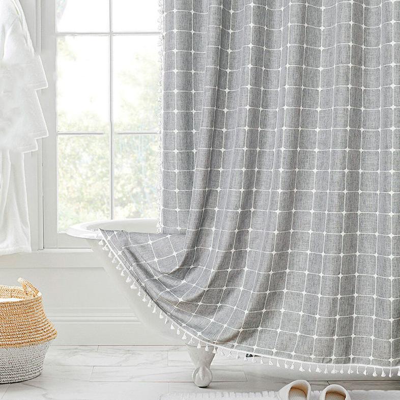 Bathroom upgrade: bohemian farmhouse waterproof linen shower curtain, stylish & functional.