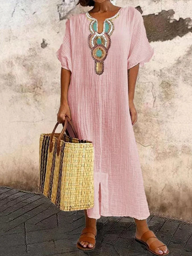 Bohemian kaftan dress for women with ethnic accents, perfect for summer casual wear.
