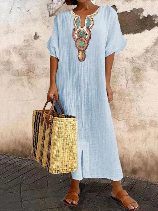 Chic ethnic print bohemian kaftan dress for women, ideal loose-fit summer casual wear.