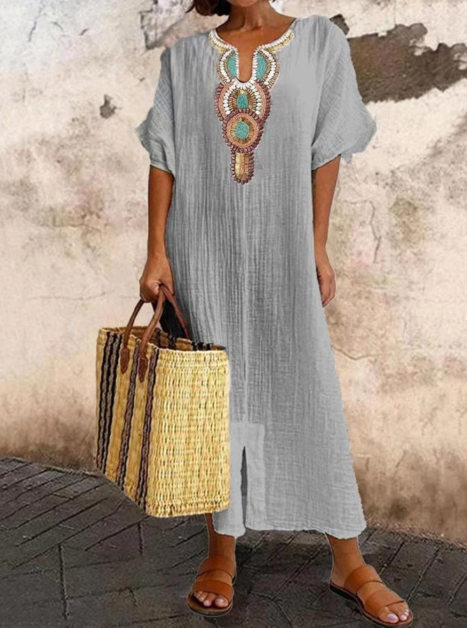 Unique ethnic accented bohemian kaftan dress for women, stylish loose-fit summer vacation dress.