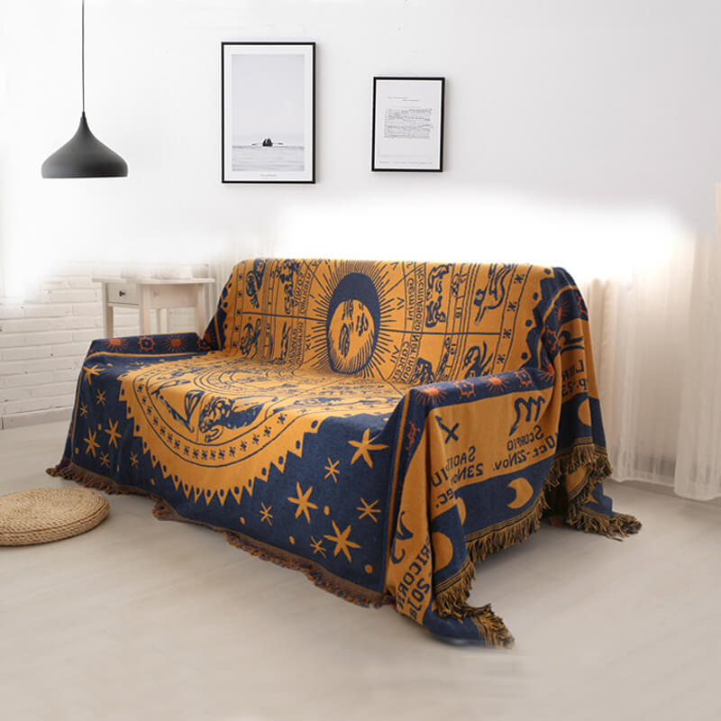 Bohemian style knitted throw blanket with fringe tassels, perfect sofa accent.