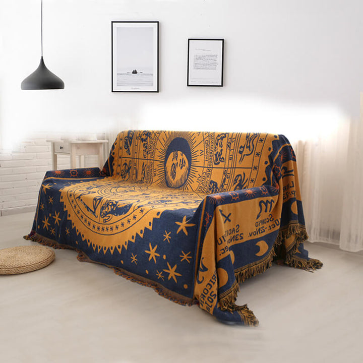 Bohemian style knitted throw blanket with fringe tassels, perfect sofa accent.
