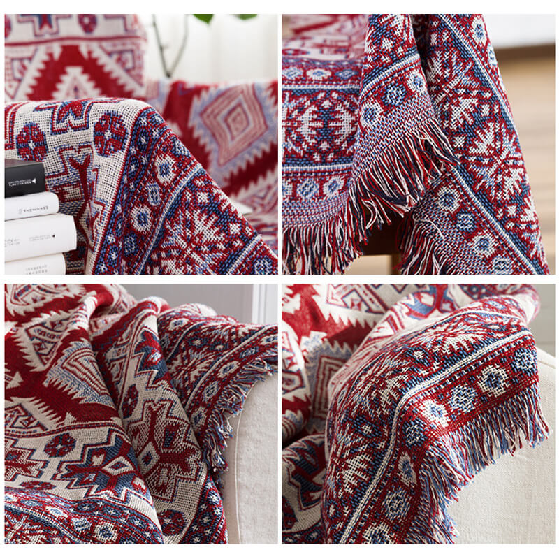 Cozy bohemian living room decor: Tassel knitted throw blanket for your sofa.