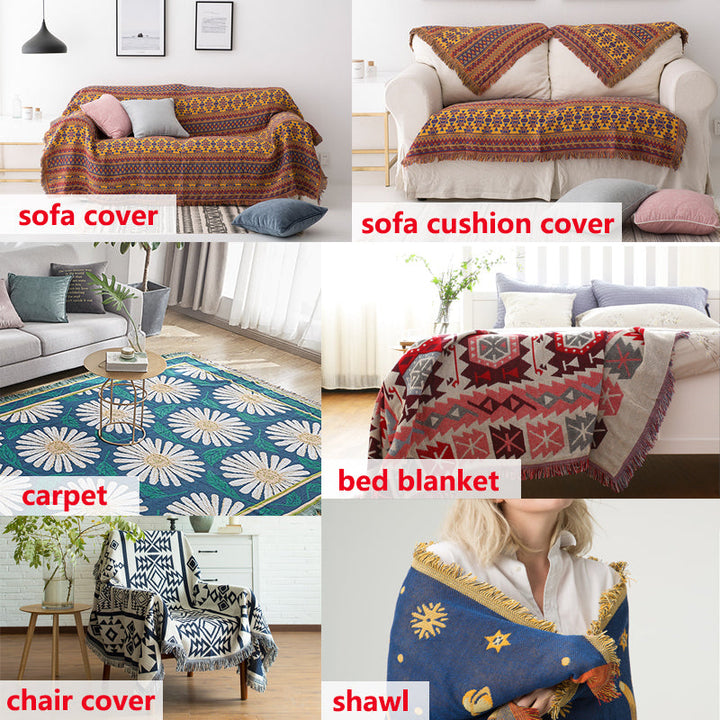 Textured bohemian sofa blanket with fringed tassels, perfect for warmth & style.