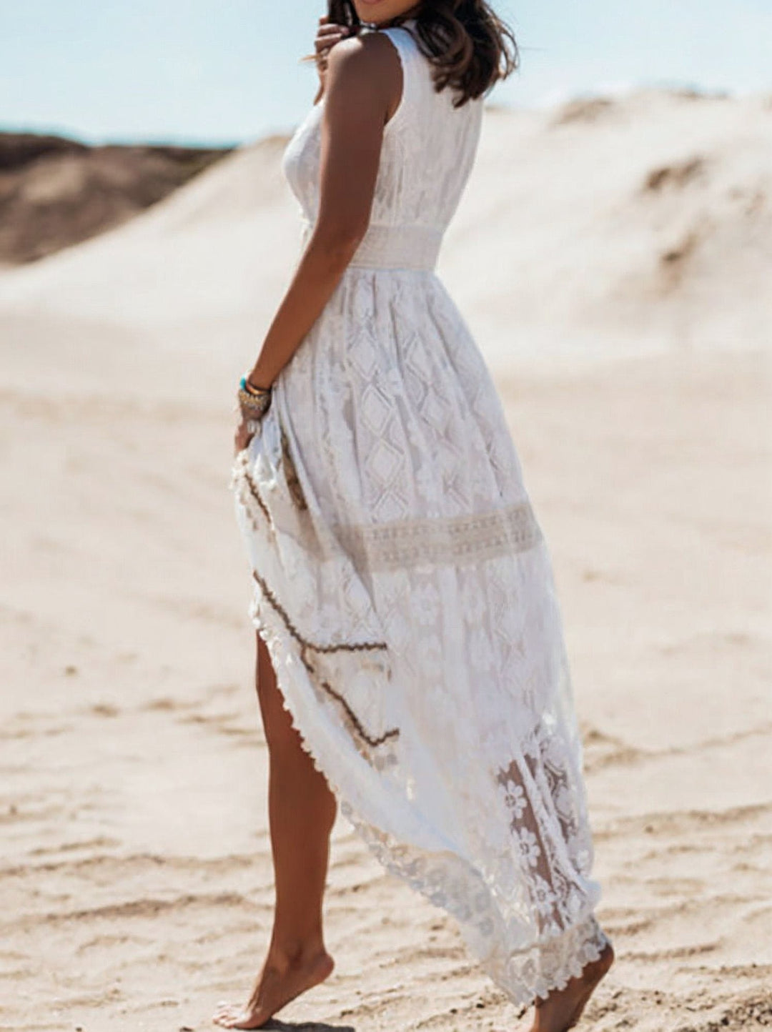 Chic V-neck lace maxi dress, a stylish sleeveless option for summer.