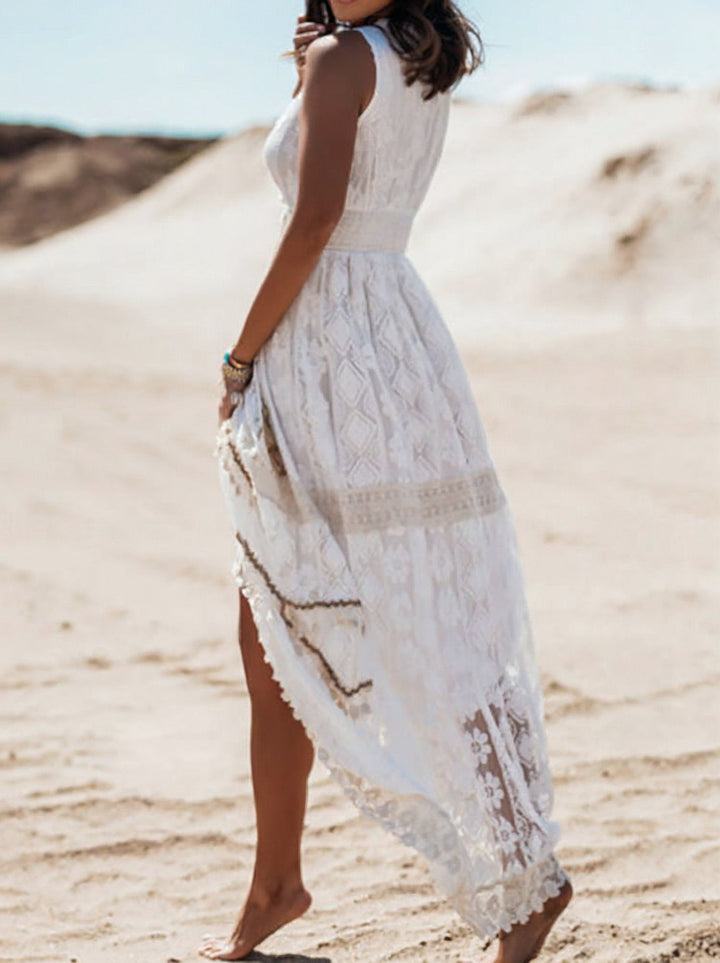 Chic V-neck lace maxi dress, a stylish sleeveless option for summer.