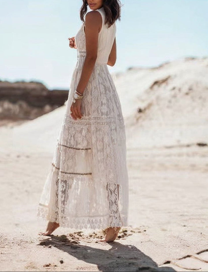 Flowy boho lace maxi dress, a perfect casual or beach dress for women.