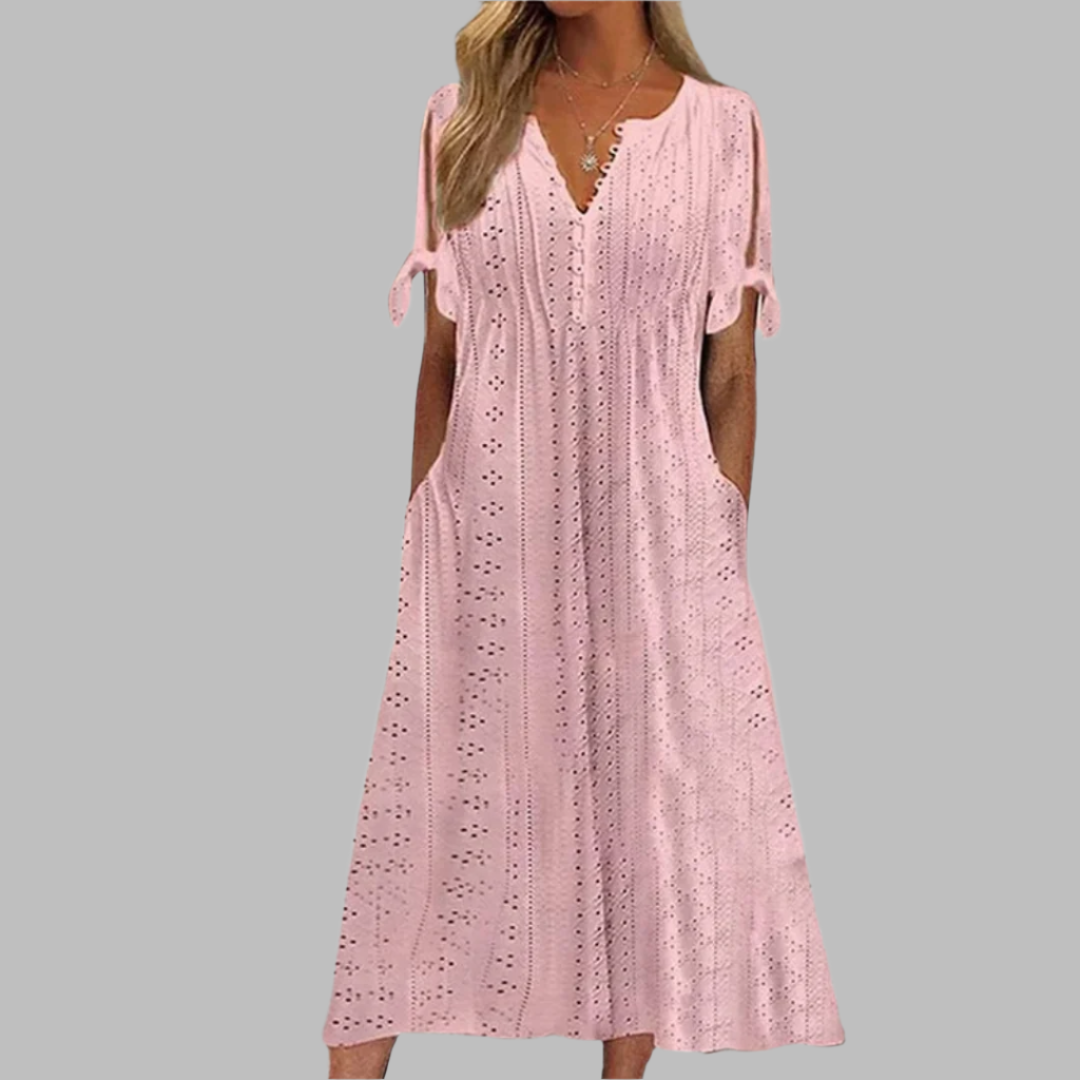 Flowy boho midi dress for women, featuring elegant summer floral details.