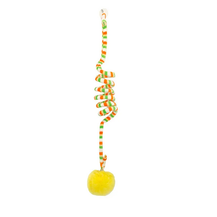 Durable spiral cat toy with a playful bell, perfect for indoor cat fun and kitten play.