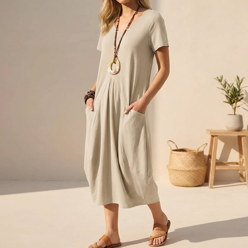 Breezy Everyday V-Neck Midi Dress for women, perfect casual summer day dress.