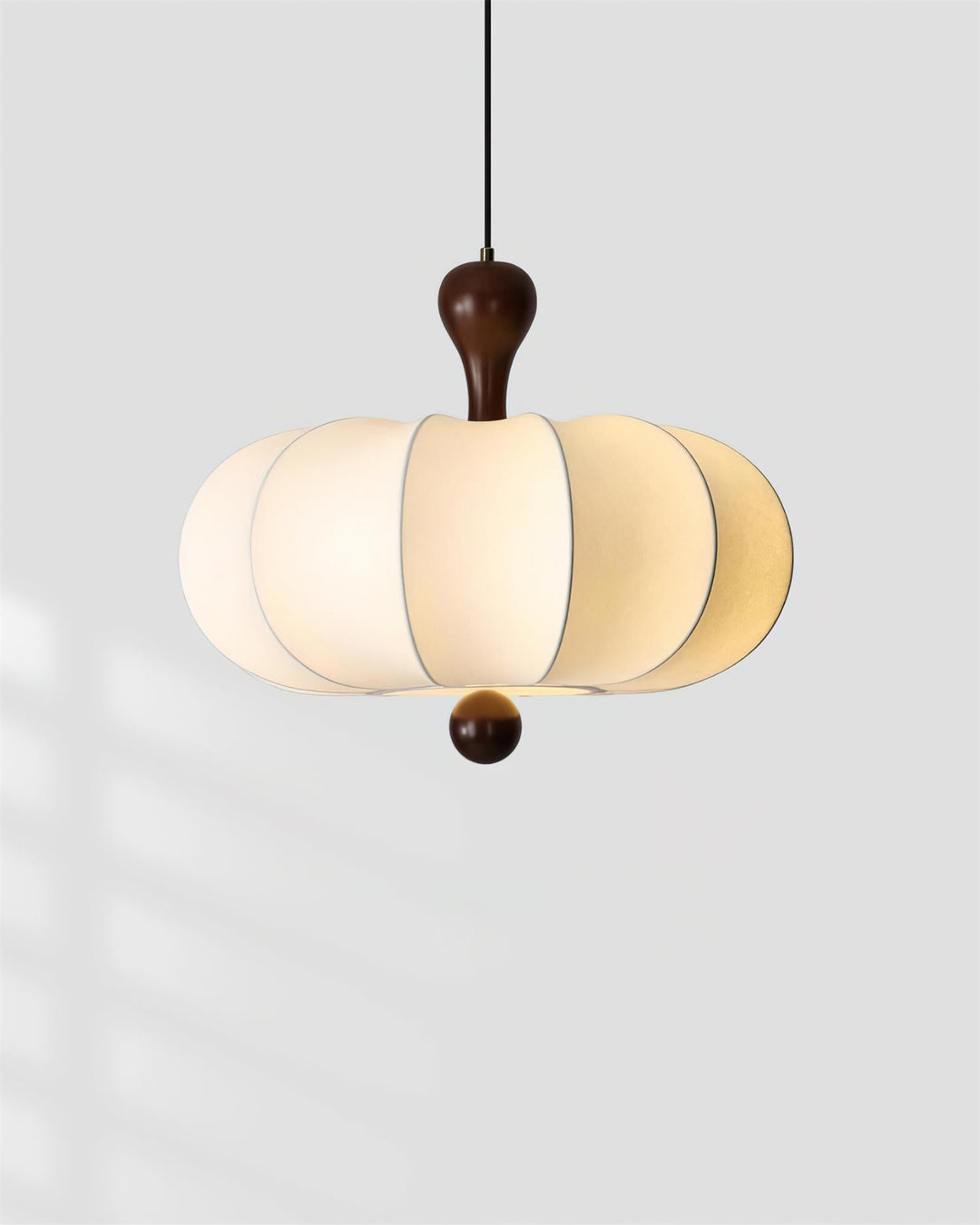 Briael modern walnut & white pendant light. Adjustable fabric shade and wood frame. Stylish ceiling lighting.