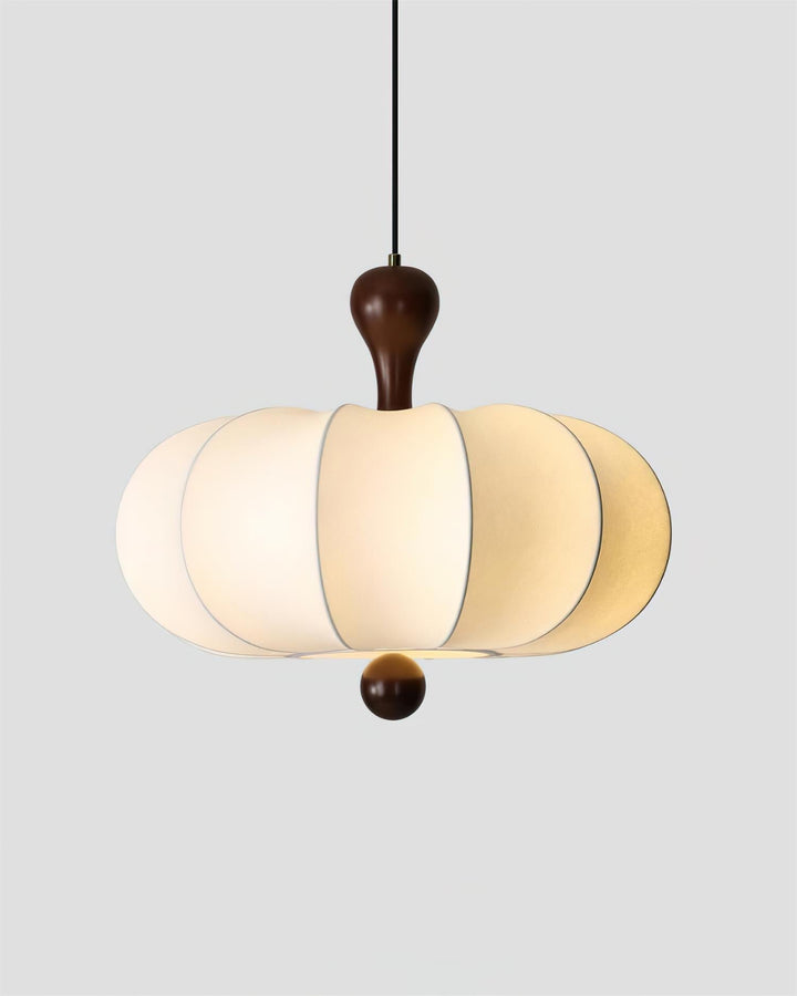 Stylish Briael pendant light for dining rooms & kitchens, featuring walnut wood & white fabric construction.