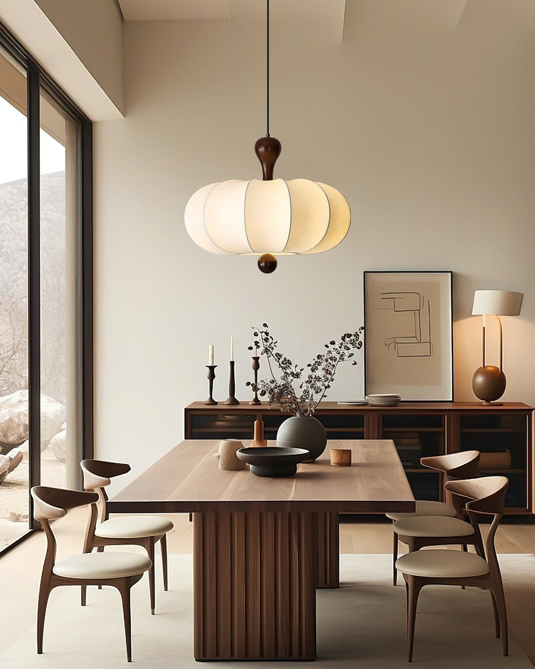 Briael modern ceiling pendant light in walnut & white, illuminating a contemporary living space interior.