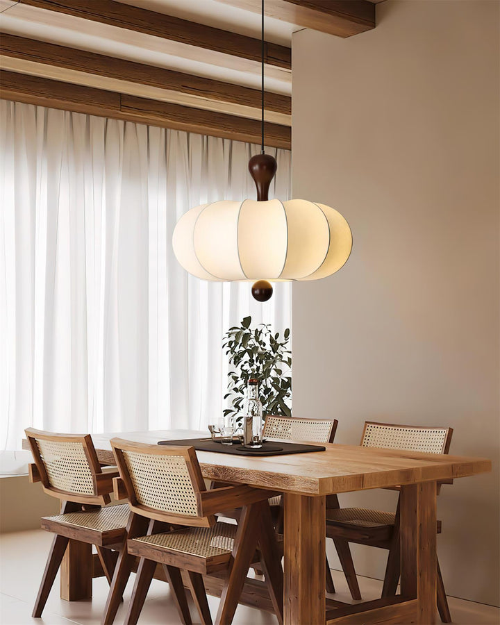 Briael pendant light, elegant white fabric shade with natural walnut wood accents, modern home decor.