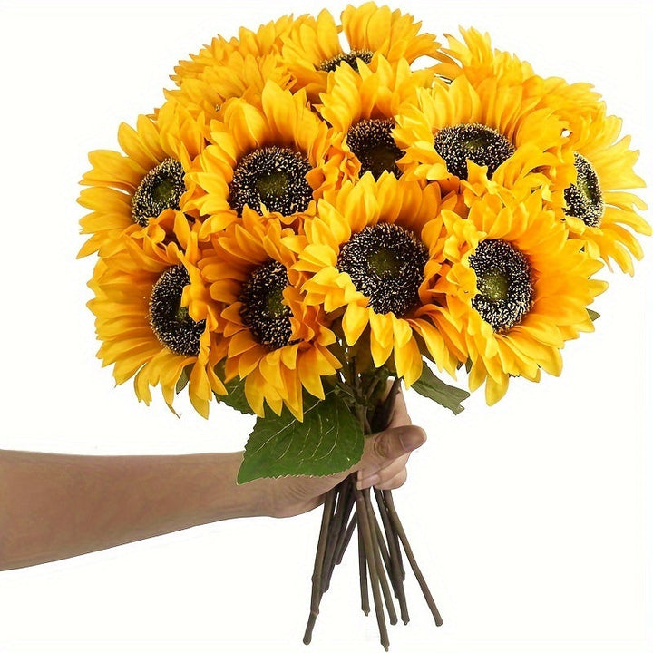 Bright yellow artificial sunflowers, set of 11, ideal for wedding and autumn decor.