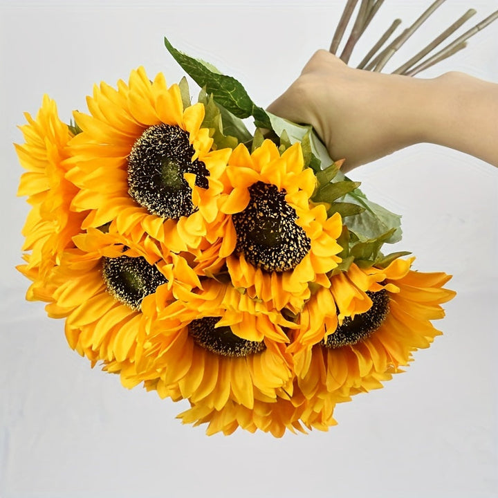 Vibrant silk sunflowers, realistic floral arrangement for seasonal and home decoration.