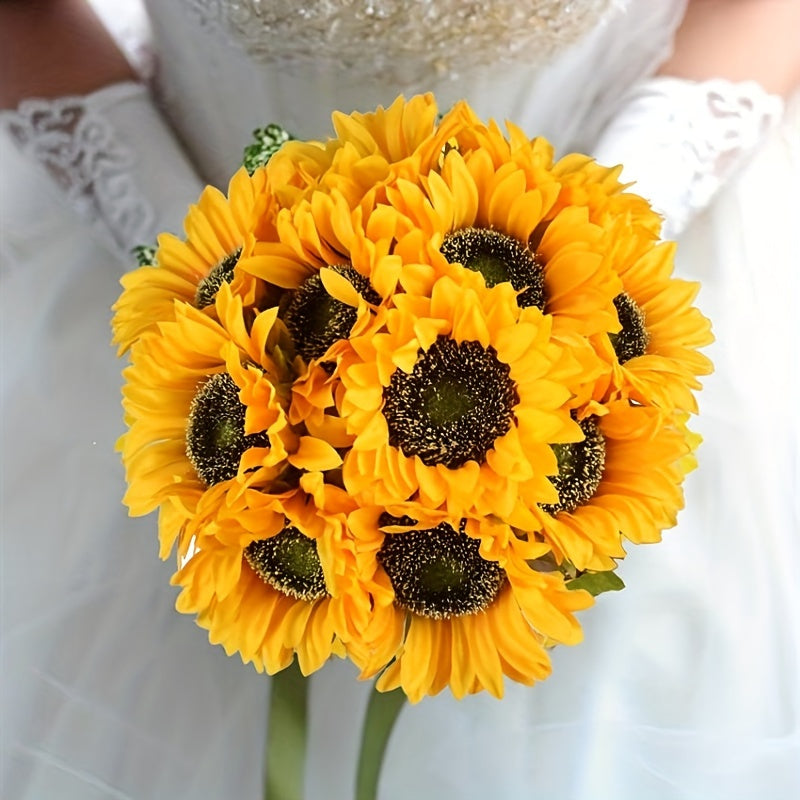 Close-up of a lifelike artificial sunflower, showcasing intricate petal detail for decor.