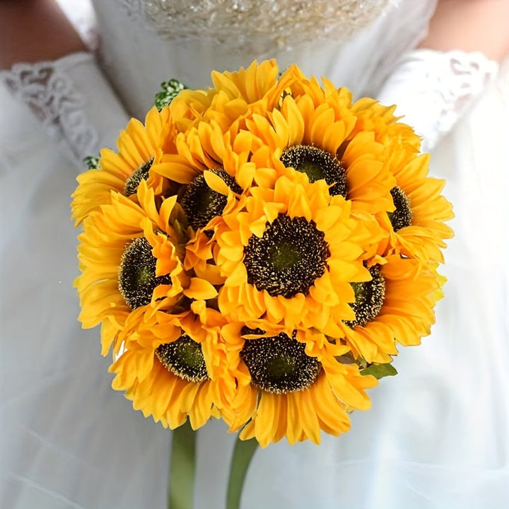 Close-up of a lifelike artificial sunflower, showcasing intricate petal detail for decor.