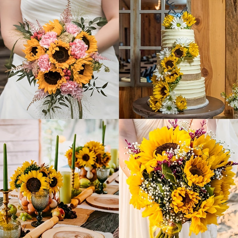 Bunch of 11 artificial sunflowers in a rustic setting, perfect for garden and autumn themes.