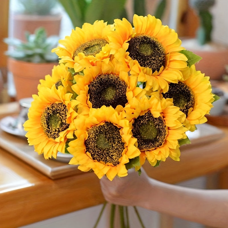 Set of 11 realistic artificial sunflowers, great for DIY projects and seasonal floral arrangements.