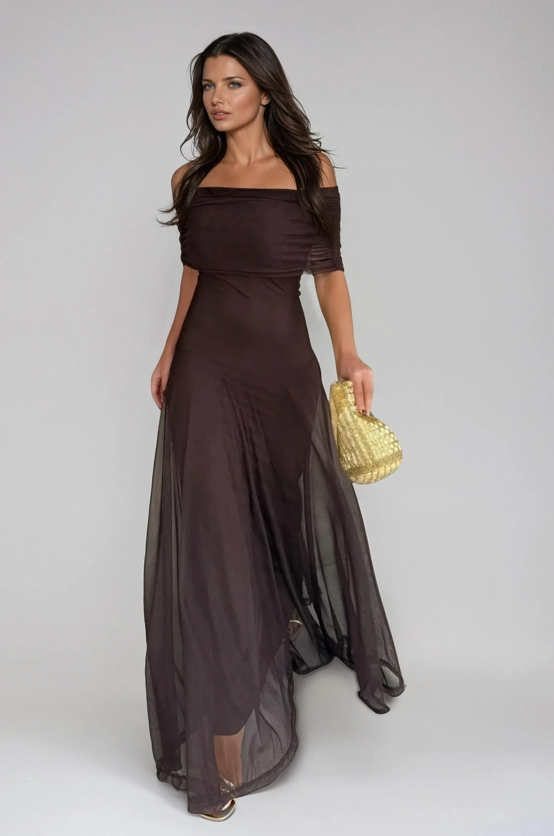 Brown elegant maxi dress for wedding guests, off-shoulder, with delicate mesh overlay. Perfect for formal events.